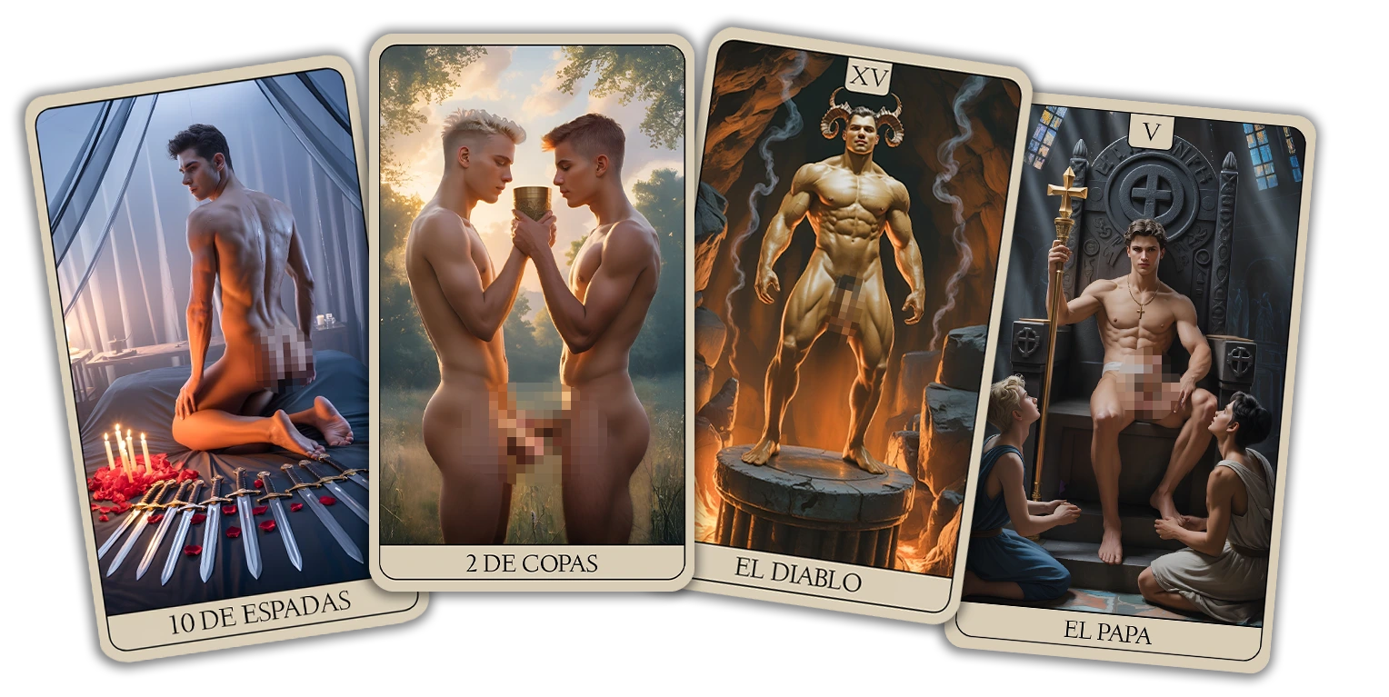 Cuatro cartas del Tarot Homoerótico: El Amante, La Fuerza, El Placer y La Estrella